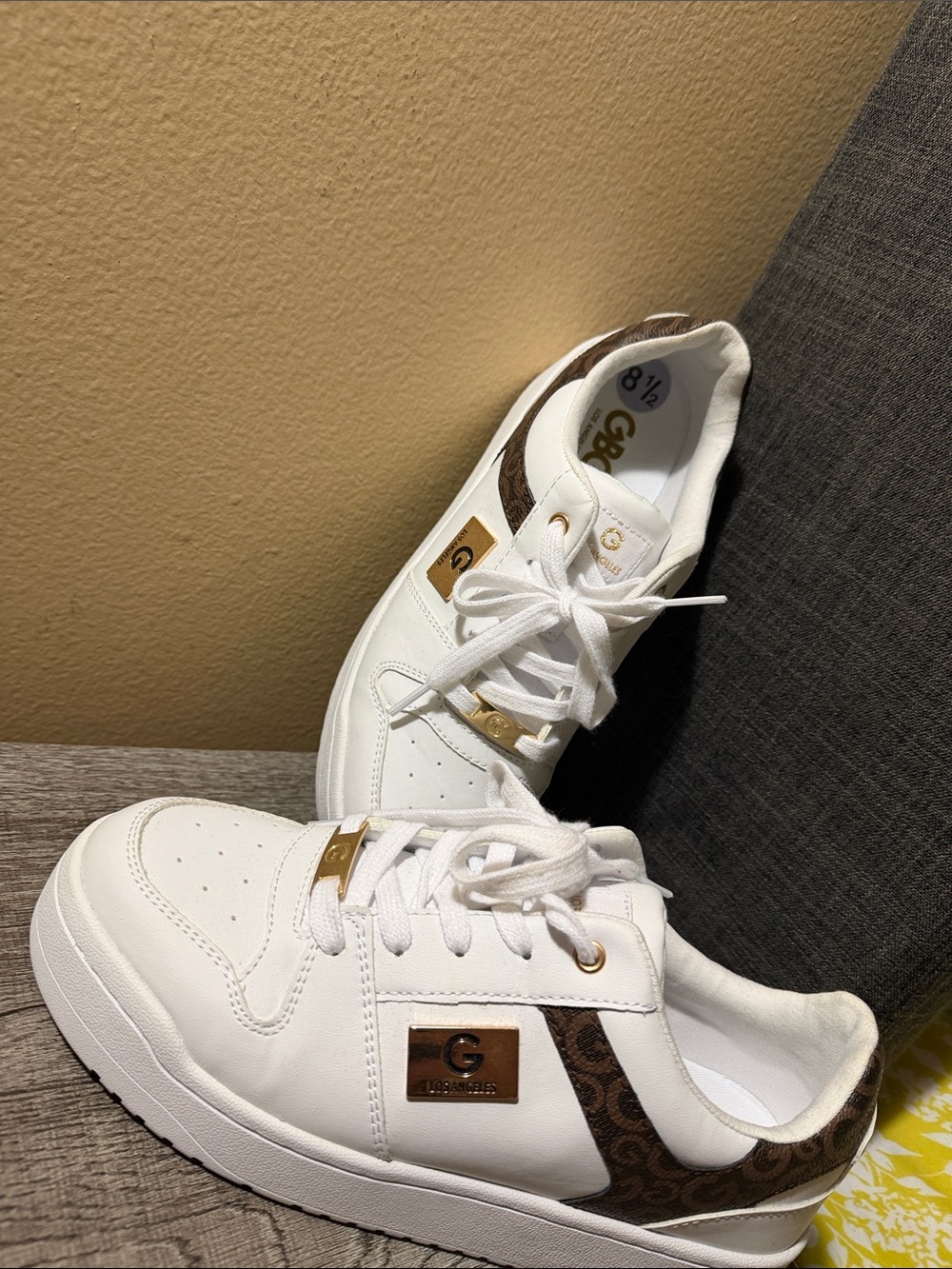 G by Guess White Sneakers with Brown Logo Accents